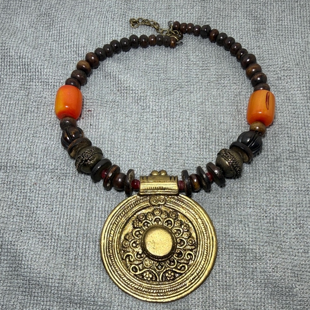 Artisan Gold and Brown Pendant Necklace